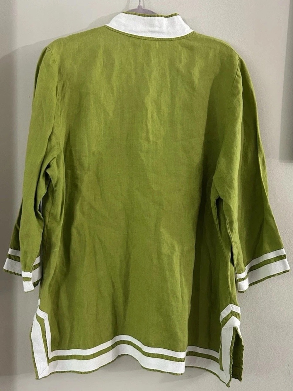 Alexandra Bartlett Top Tunic Blouse Popover 1X Green 100% Linen 3/4 Sleeve Split - Picture 8 of 8